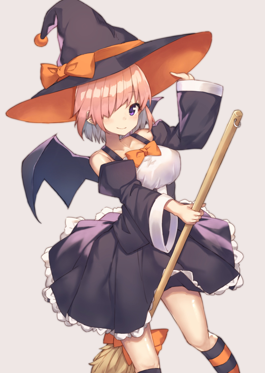 1girl absurdres black_hat black_skirt black_sleeves black_wings bow bowtie broom collarbone detached_sleeves eyebrows_visible_through_hair fate/grand_order fate_(series) frilled_skirt frills grey_background hair_bow hair_over_one_eye hair_ribbon hat highres holding holding_broom kneehighs long_sleeves looking_at_viewer mash_kyrielight miniskirt orange_bow orange_ribbon pink_hair pointy_ears ribbon shiny shiny_hair short_hair simple_background skirt smile solo standing striped striped_legwear violet_eyes wings witch witch_hat yuuki_nao_(pixiv10696483)