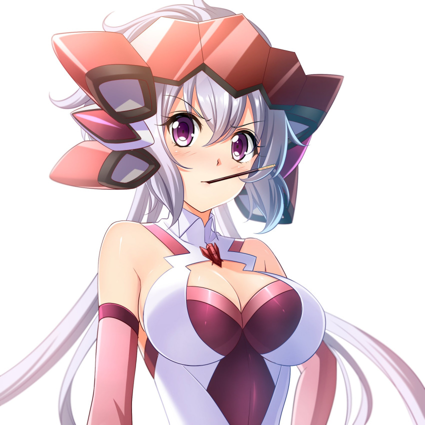 1girl artist_request blush breasts elbow_gloves food gloves headgear highres lavender_hair long_hair looking_at_viewer pocky pout senki_zesshou_symphogear source_request tagme yukine_chris