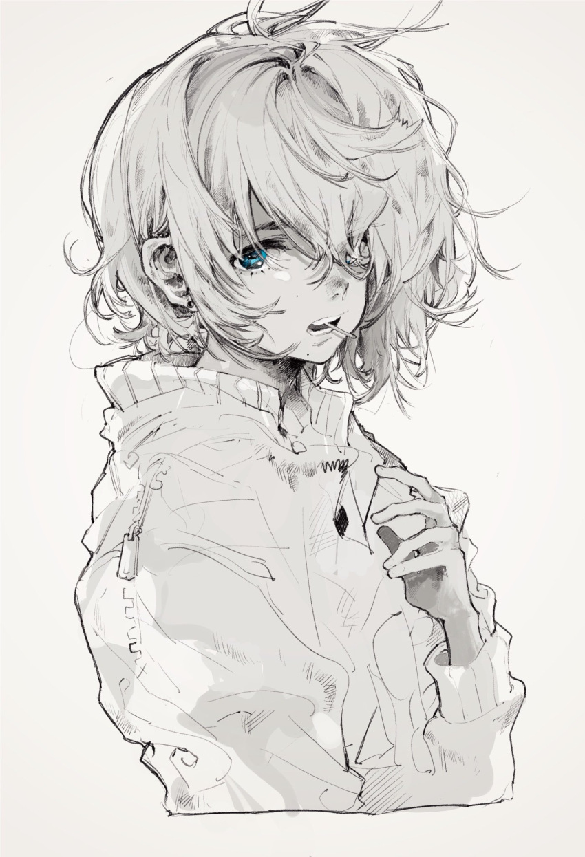 1girl bangs commentary_request daruma_owl earrings greyscale hair_between_eyes hair_over_eyes hand_up highres jacket jewelry long_sleeves monochrome original short_hair simple_background solo upper_body zipper_pull_tab