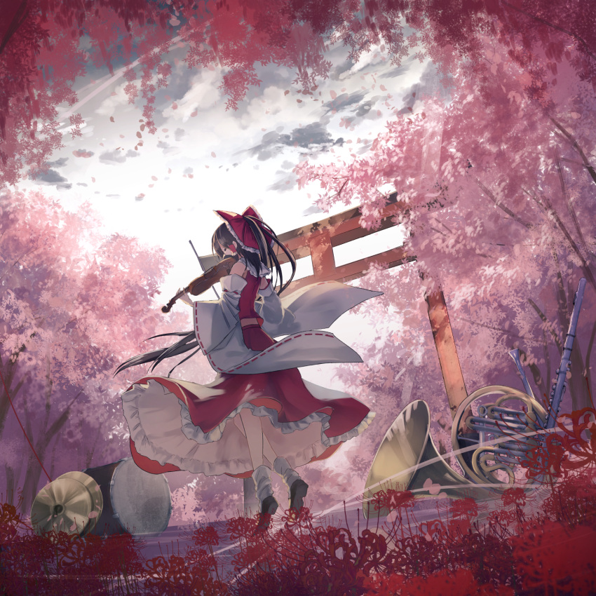 1girl bare_shoulders black_footwear black_hair bow cherry_blossoms closed_eyes commentary_request copyright_name cymbals detached_sleeves drum flower forest french_horn frilled_shirt_collar frills full_body grey_sky hair_bow hakurei_reimu half_updo highres holding holding_instrument instrument long_hair long_sleeves midriff nature outdoors petticoat red_bow red_flower red_skirt shoes skirt socks solo thkani torii touhou tree violin violin_bow white_legwear wide_sleeves