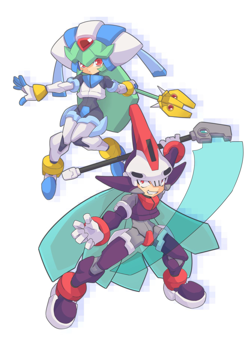1boy 1girl android energy_blade full_body gloves grin helmet highres holding holding_scythe holding_staff holding_weapon knees_together_feet_apart omeehayo outstretched_arm pandora_(rockman) power_armor prometheus red_eyes rockman rockman_zx scythe simple_background smile staff weapon white_background white_gloves