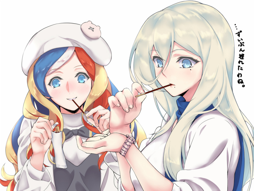 2girls bangs black_bow blue_eyes blue_hair blue_scarf bow commandant_teste_(kantai_collection) eating food hair_between_eyes hat kantai_collection long_sleeves looking_at_watch mole mole_under_eye mole_under_mouth multicolored_hair multiple_girls pocky pocky_day redhead richelieu_(kantai_collection) scarf shingyo smile sweater swept_bangs watch watch white_hair white_hat white_sweater