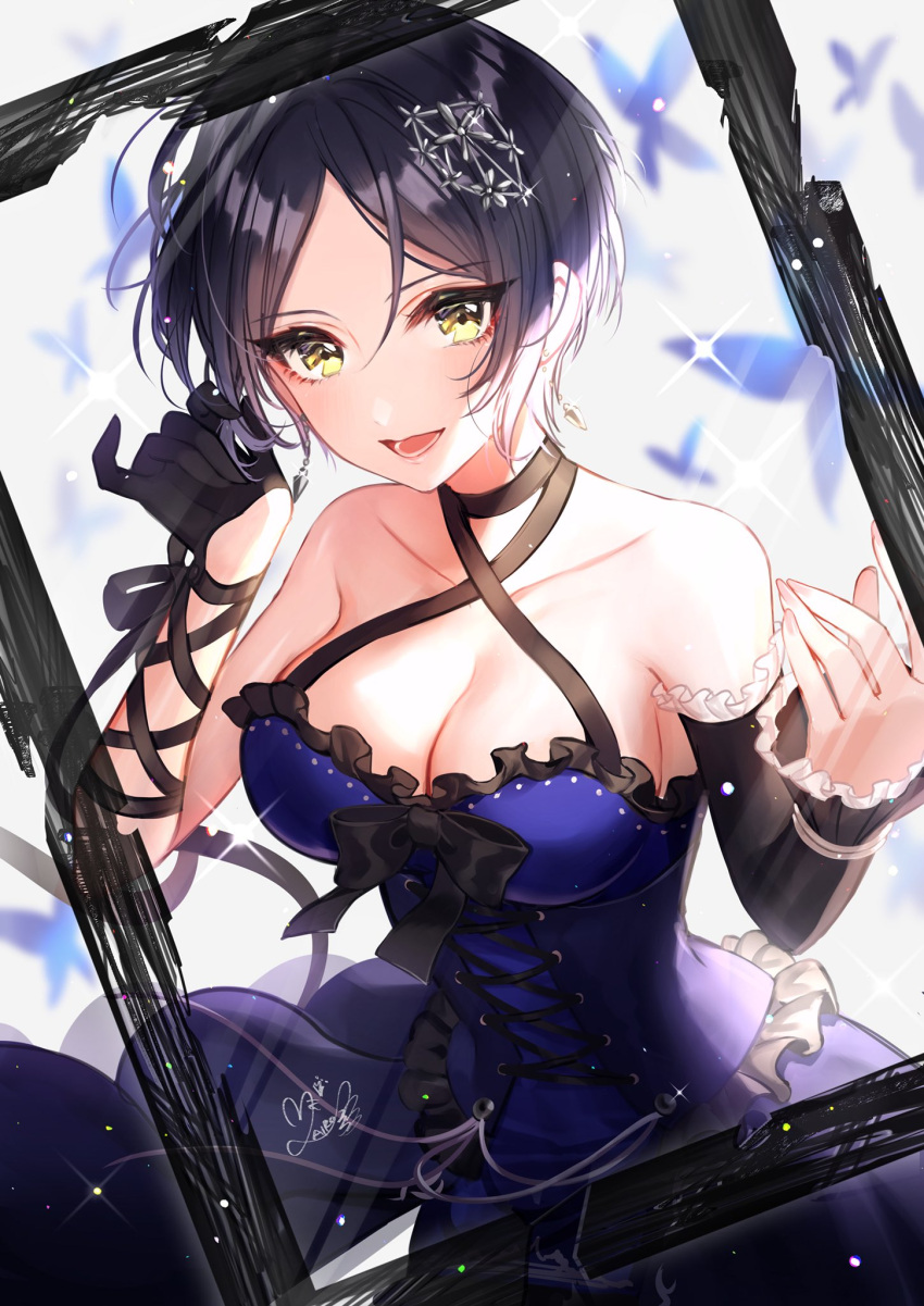 black_frills black_ribbon blue_dress blue_hair breasts bug butterfly cleavage commentary_request detached_sleeves dress earrings frame frilled_dress frilled_sleeves frills hair_ornament_request hair_ribbon hayami_kanade highres idolmaster idolmaster_cinderella_girls ilo insect jewelry large_breasts looking_at_viewer open_mouth ribbon short_hair signature sparkle twitter_username yellow_eyes