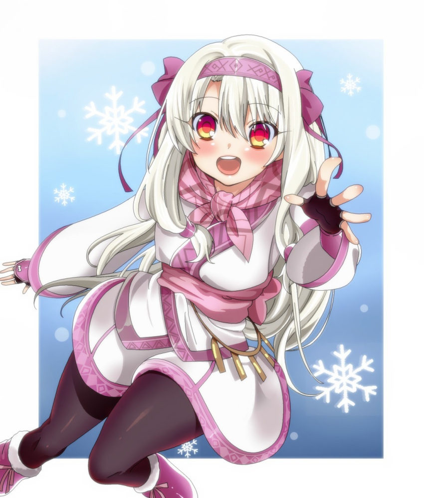 1girl :d ainu_clothes black_gloves black_legwear blush boots bow eyebrows_visible_through_hair fate/grand_order fate_(series) fingerless_gloves floating_hair fur_trim gloves hair_between_eyes hair_bow highres illyasviel_von_einzbern long_hair long_sleeves looking_at_viewer miniskirt momoiro_tanuki open_mouth pantyhose purple_bow purple_footwear purple_headband red_eyes silver_hair sitonai skirt smile solo very_long_hair white_skirt