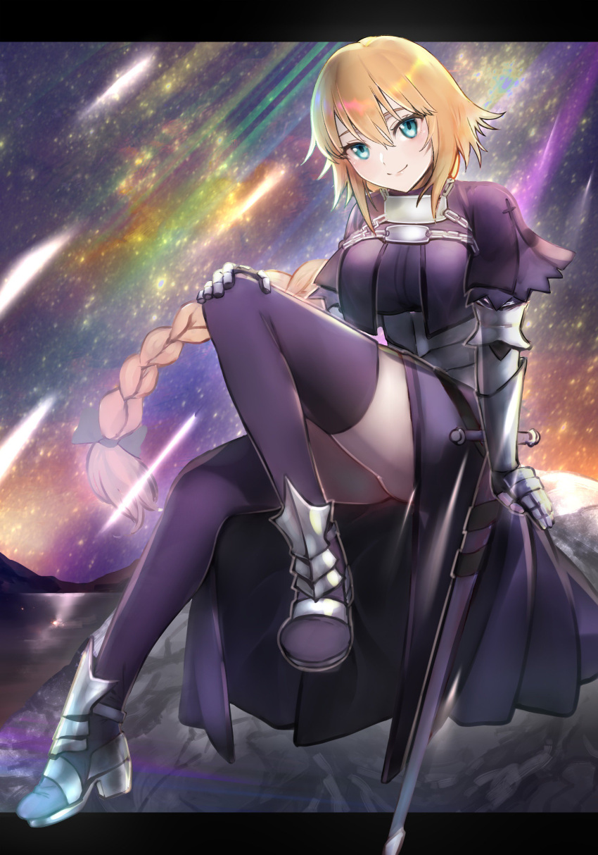 1girl absurdres black_bow blonde_hair blue_dress blue_eyes blue_legwear bow braid braided_ponytail chains dress fate/apocrypha fate_(series) full_body gauntlets hair_between_eyes hair_bow hand_on_own_knee highres invisible_chair jeanne_d'arc_(fate) jeanne_d'arc_(fate)_(all) kujuu_shikuro long_hair looking_at_viewer low-tied_long_hair shiny shiny_hair single_braid sitting smile solo thigh-highs very_long_hair