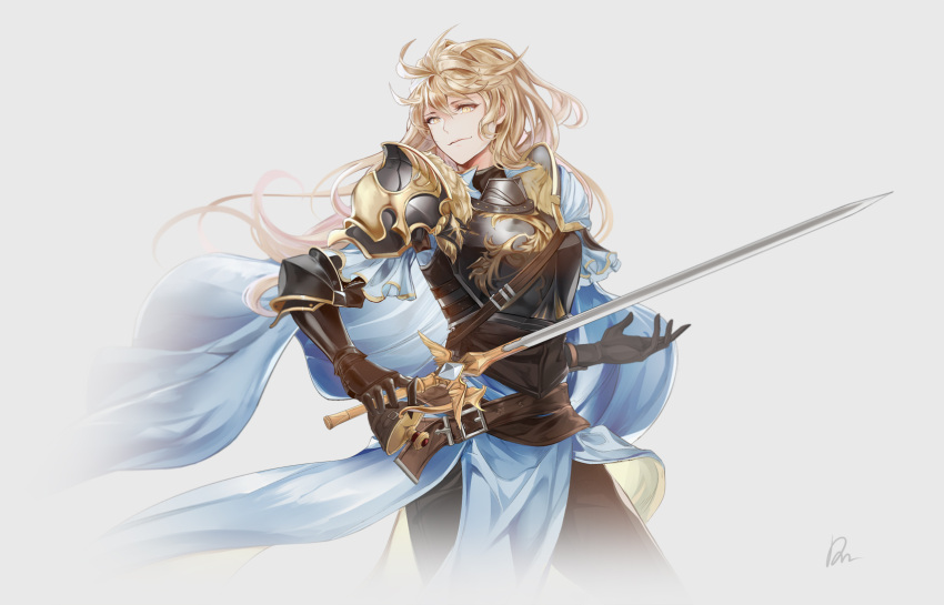 1girl armor belt black_gloves blonde_hair blue_cape buckle cape chest_plate closed_mouth dow flask floating floating_hair gauntlets gem gloves highres holding holding_sword holding_weapon knight long_hair original shoulder_armor simple_background smile sword upper_body very_long_hair weapon white_background yellow_eyes