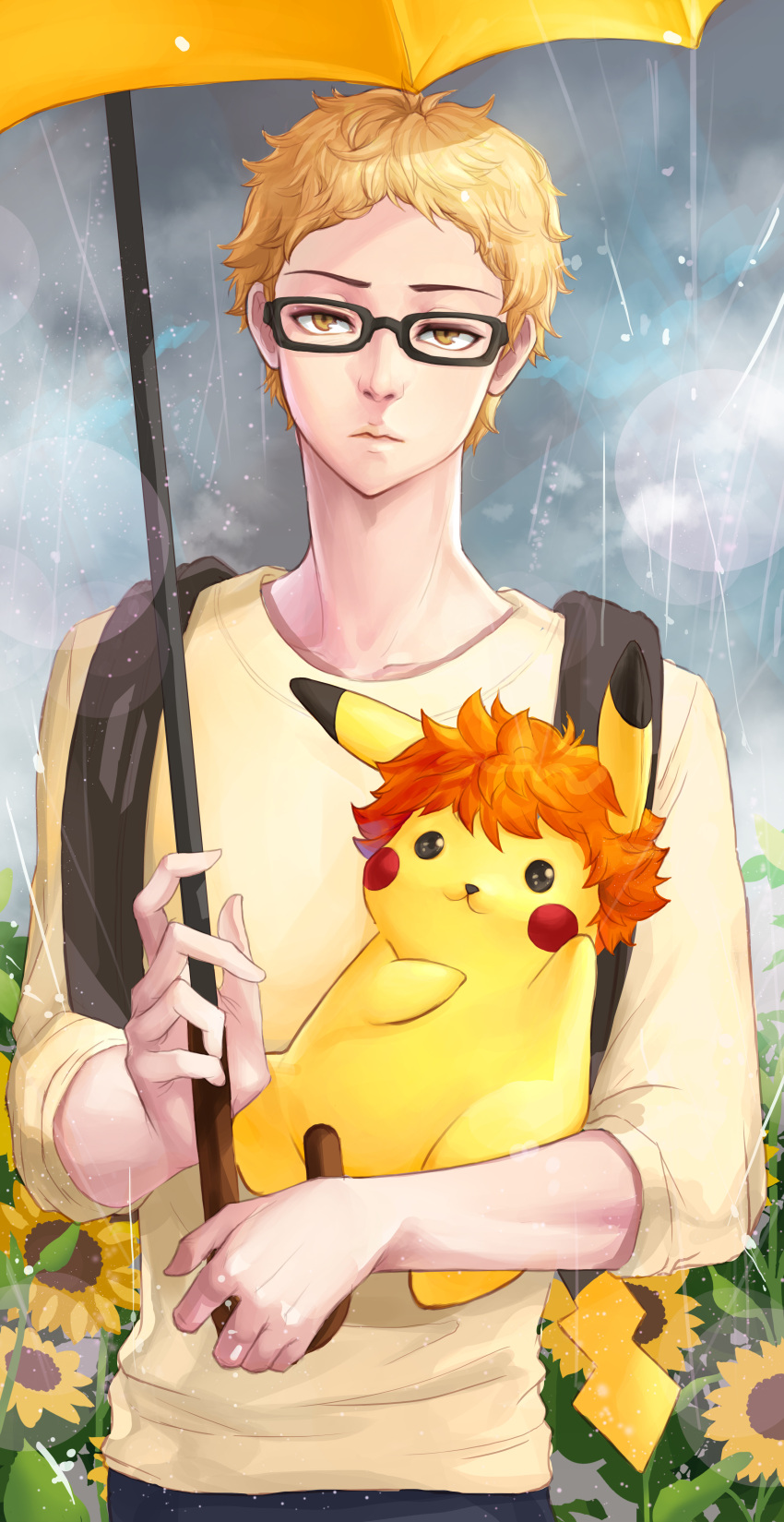 1boy absurdres backpack bag blonde_hair brown_eyes creatures_(company) day game_freak gen_1_pokemon glasses haikyuu!! highres holding holding_umbrella i-sol-e looking_at_viewer male_focus nintendo outdoors pikachu pokemon rain tsukishima_kei umbrella upper_body yellow_umbrella