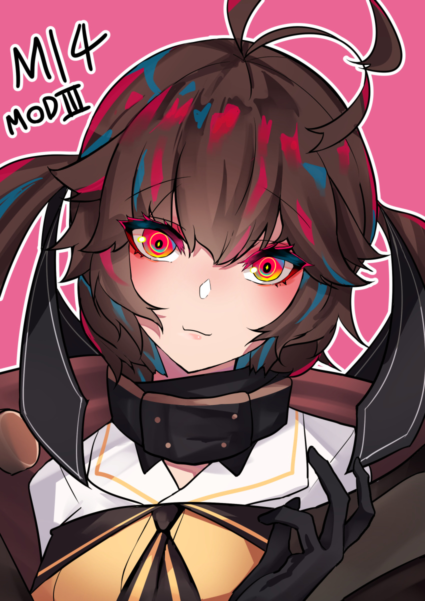 1girl absurdres antenna_hair black_gloves black_neckwear brown_hair character_name closed_mouth collared_shirt commentary_request girls_frontline gloves hand_up head_tilt highres looking_at_viewer m14_(girls_frontline) meow_nyang outline pink_background red_eyes shirt simple_background smile solo two_side_up white_outline white_shirt