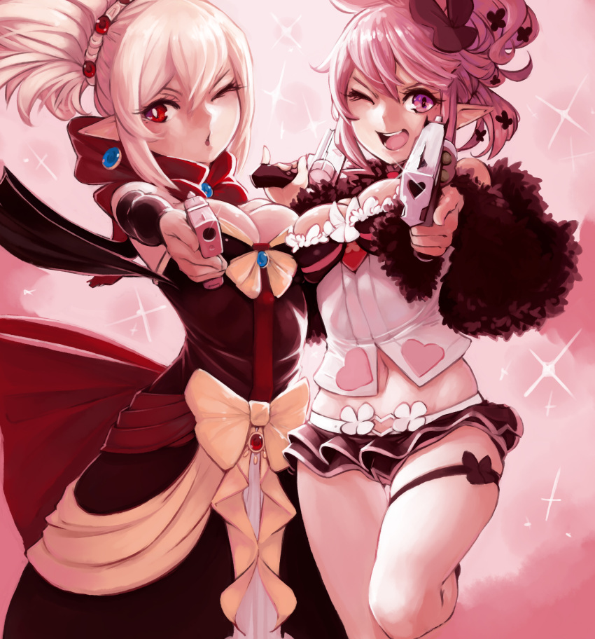 2girls absurdres bow breasts cleavage demstouts detached_sleeves disgaea dress dual_wielding earrings eyebrows_visible_through_hair gun hair_ornament highres holding holding_gun holding_weapon jewelry large_breasts looking_at_viewer makai_senki_disgaea_2 makai_senki_disgaea_5 midriff multiple_girls navel open_mouth pink_eyes pink_hair pointing_weapon pointy_ears red_eyes rozalin seraphina_(disgaea) short_hair strapless strapless_dress violet_eyes weapon yellow_bow