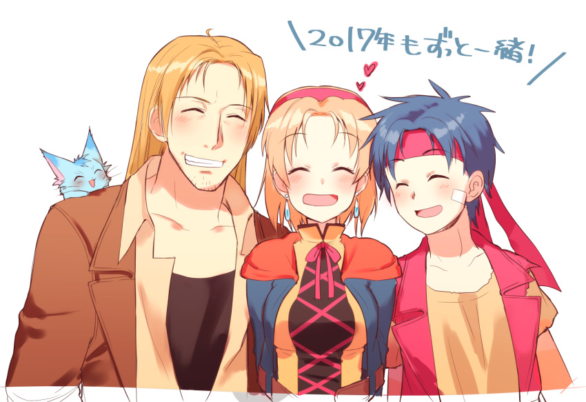 1girl 2boys ahoge blonde_hair blue_hair breasts cecilia_lynne_adelhyde coat commentary_request dress hairband hanpan jack_van_burace long_hair multiple_boys open_mouth red_hairband red_vest rody_roughnight shirt short_hair smile vest wild_arms wild_arms_1 yururi-ra