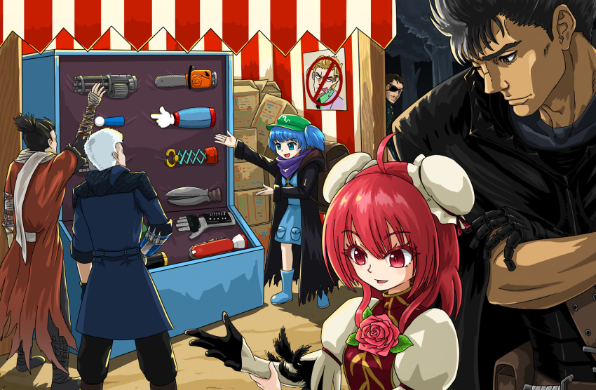 2girls 4boys berserk black_hair blue_footwear blue_hair chainsaw crossover devil_may_cry devil_may_cry_5 eyepatch flower guts hat highres ibaraki_kasen jacket kawashiro_nitori kira_yoshikage mechanical_arm metal_gear_(series) multiple_boys multiple_girls nero_(devil_may_cry) okema red_eyes redhead scarf short_hair silver_hair touhou venom_snake