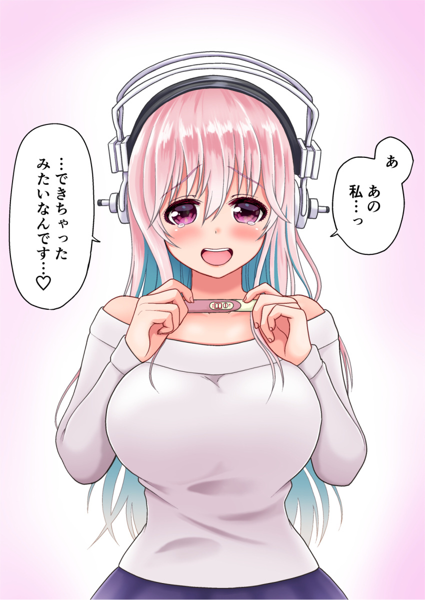 1girl aqua_hair blush breasts headphones highres implied_pregnancy large_breasts long_hair looking_at_viewer momoko_amatsuka multicolored_hair nitroplus open_mouth pink_eyes pink_hair pregnancy_test smile solo super_sonico translated two-tone_hair virtual_youtuber