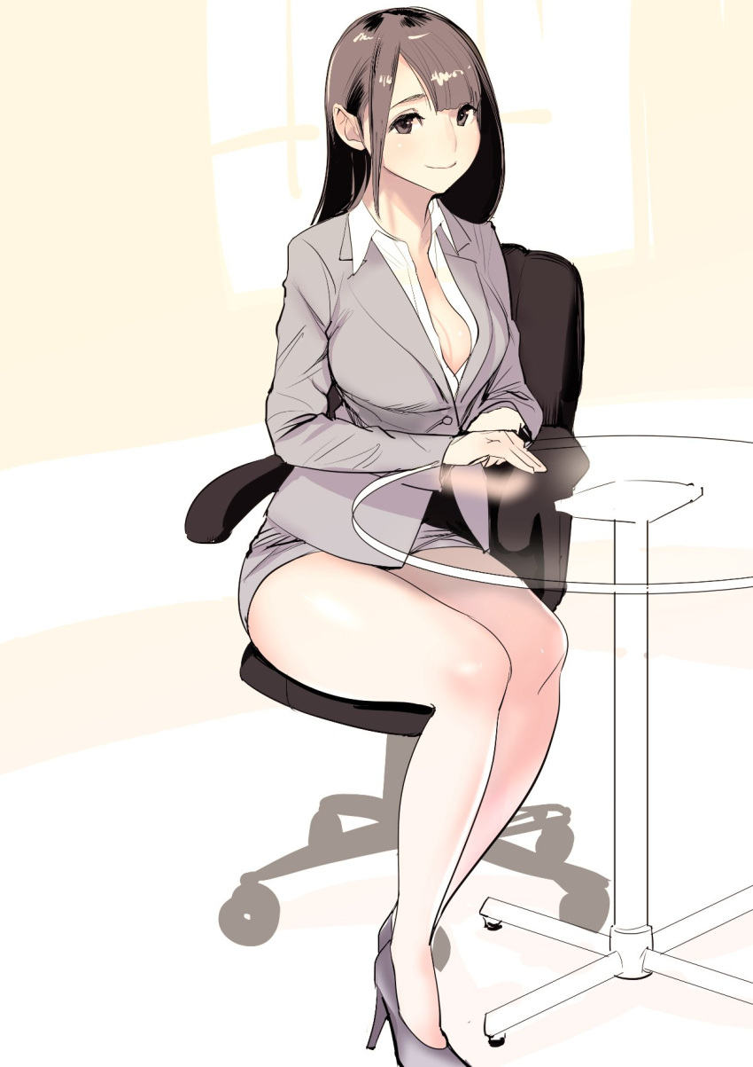 1girl black_hair breasts business_suit chair cleavage collared_shirt dress_shirt dytm formal high_heels highres miniskirt office_chair office_lady original shirt sitting skirt skirt_suit solo suit thighs