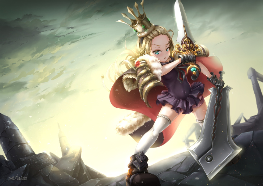 &gt;:) 1girl ahoge armor artist_name black_gloves blonde_hair blue_eyes breasts brown_footwear cape charlotte_of_la_mare clouds covered_navel crown dated day dual_wielding epic7 fighting_stance full_body fur_trim gloves highres holding holding_sword holding_weapon hue301 outdoors red_cape rubble small_breasts standing sword thigh-highs weapon white_legwear