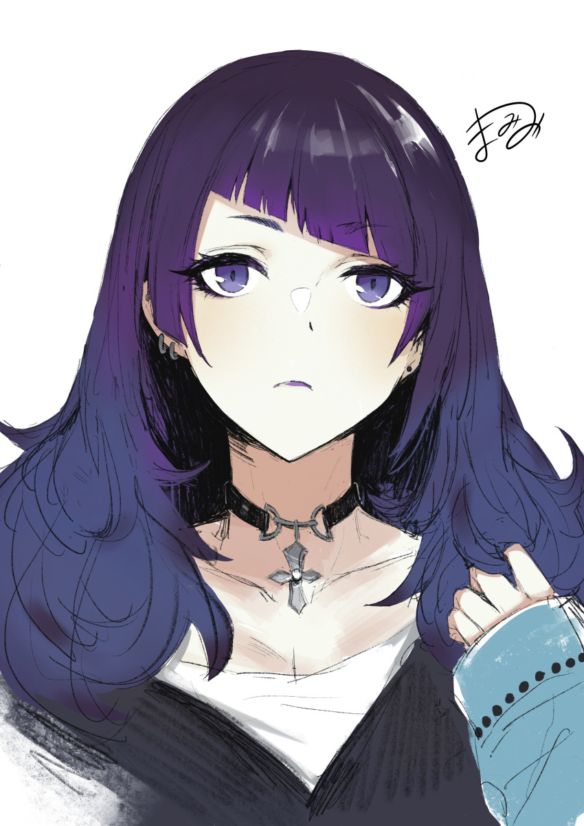 1girl absurdres bangs black_shirt breasts choker cleavage closed_mouth collarbone commentary_request diagonal_bangs earrings eyebrows_visible_through_hair facing_viewer highres idolmaster idolmaster_shiny_colors jacket jewelry looking_at_viewer mmmkawaine necklace purple_hair shirt short_twintails solo tanaka_mamimi twintails violet_eyes