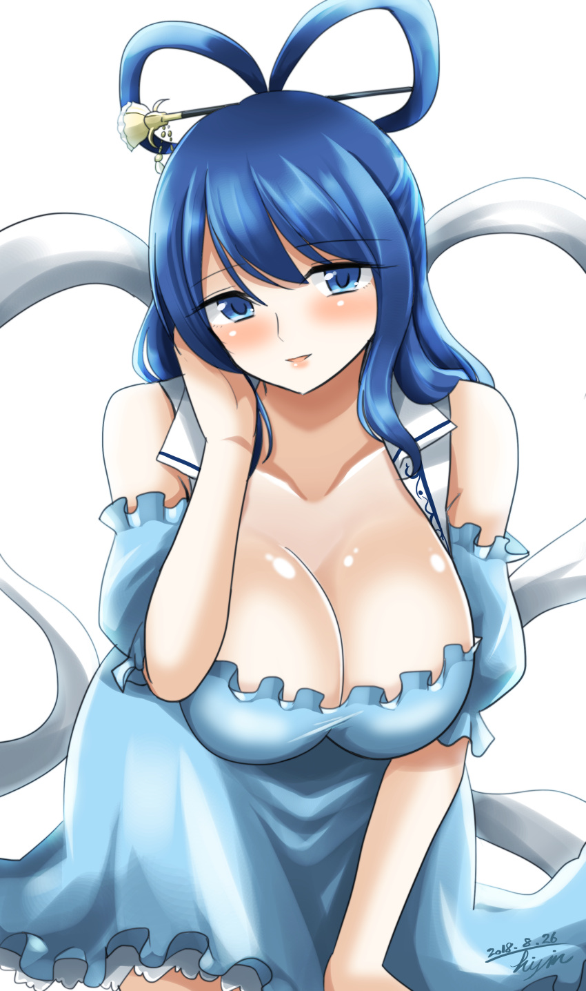 1girl absurdres bare_shoulders blue_dress blue_eyes blue_hair blush breasts cleavage collarbone commentary_request cowboy_shot dated detached_sleeves dress eyebrows_visible_through_hair hair_ornament hair_rings hair_stick hand_in_hair hanging_breasts highres hisin kaku_seiga large_breasts leaning_forward open_mouth puffy_short_sleeves puffy_sleeves shawl short_sleeves signature simple_background solo touhou white_background