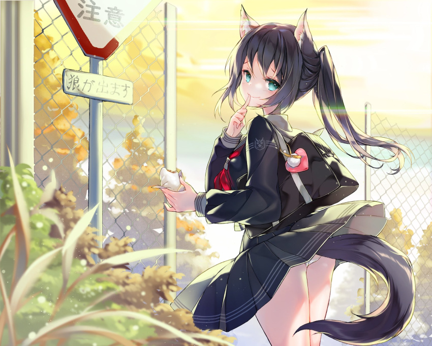 1girl animal_ears aqua_eyes ass bag baozi black_hair black_serafuku black_shirt black_skirt blurry blurry_foreground bookbag chain-link_fence closed_mouth clouds cloudy_sky depth_of_field fence food heart highres holding holding_food juna long_hair long_sleeves looking_at_viewer looking_back neckerchief original outdoors panties pleated_skirt red_neckwear road_sign school_bag school_uniform serafuku shirt side_ponytail sign skirt skirt_lift sky smile solo sunset tail underwear white_panties wind wind_lift wolf_ears wolf_girl wolf_tail