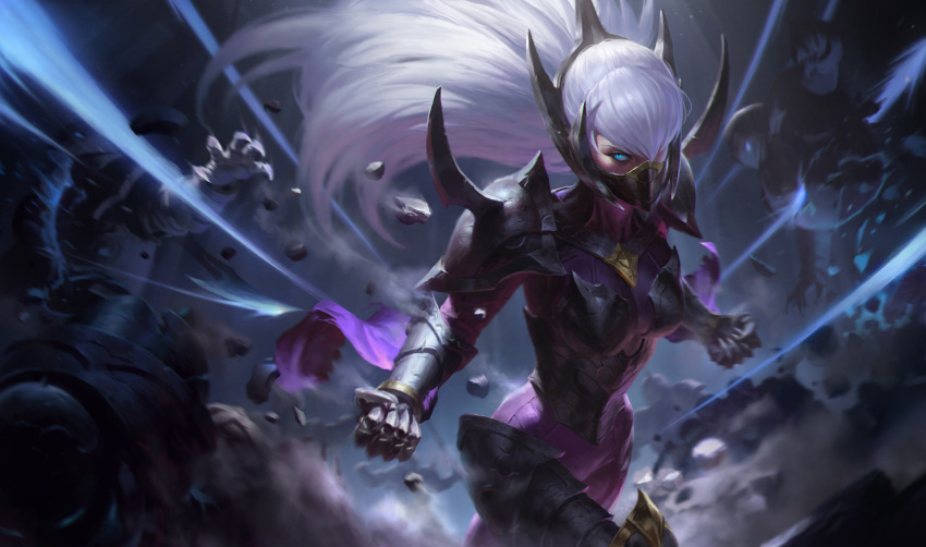 1girl alternate_costume armor blue_eyes breastplate clenched_hands commentary covered_mouth english_commentary face_mask gauntlets greaves hair_over_one_eye highres irelia kilart large_hat league_of_legends long_hair mask nightblade_irelia official_art pauldrons solo spikes white_hair