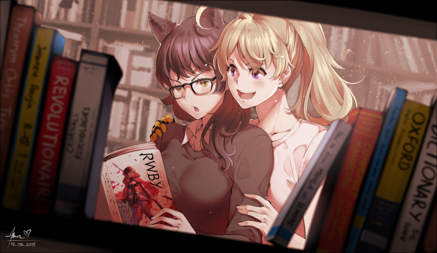 &gt;:o 2girls :d absurdres ahoge animal_ears artist_name black_hair black_sweater blake_belladonna blonde_hair blush book cat_ears collared_shirt dated dress_shirt hand_on_another's_shoulder highres library long_sleeves lulu-chan92 meta multiple_girls open_book open_mouth ponytail reading rwby shirt smile sweater upper_body violet_eyes white_shirt yang_xiao_long yellow_eyes
