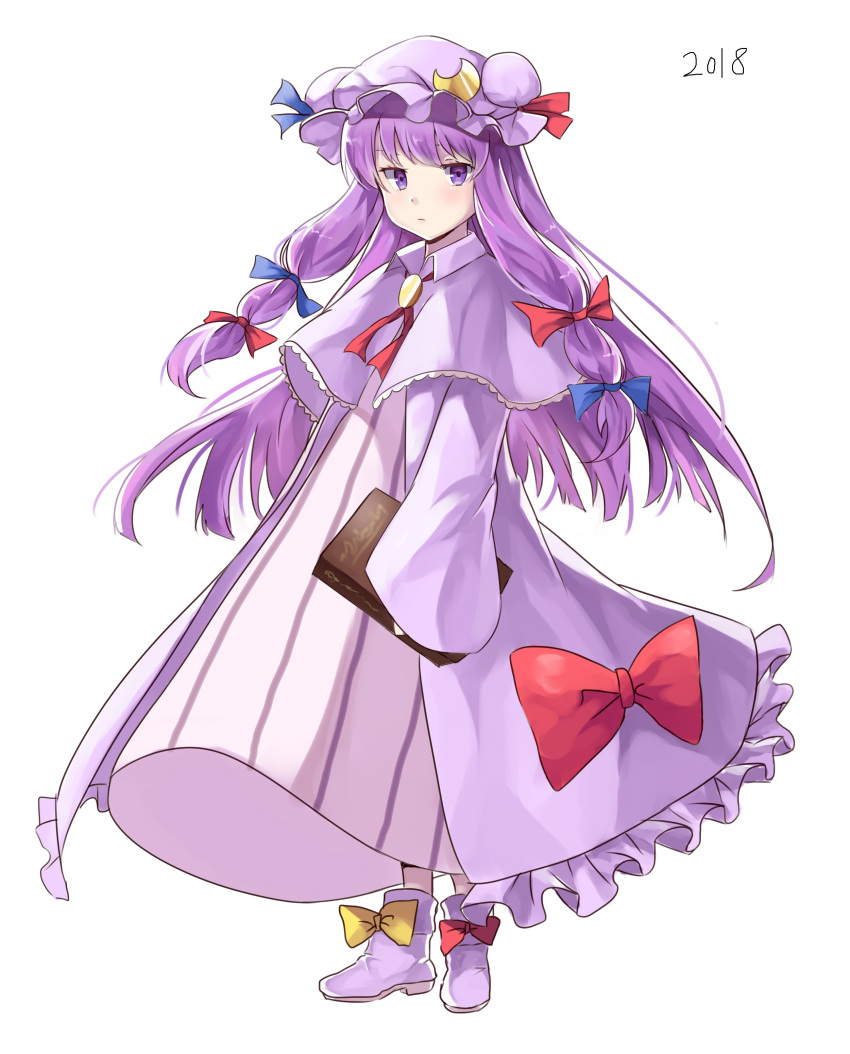 1girl 2018 absurdres blue_bow blue_ribbon book bow braid capelet collar crescent crescent_moon_pin dress_bow expressionless full_body hair_bow hat hat_ribbon highres holding holding_book kani_nyan long_hair looking_at_viewer neck_ribbon patchouli_knowledge purple_hair red_bow red_neckwear red_ribbon ribbon shoe_bow shoes simple_background solo touhou twin_braids very_long_hair violet_eyes white_background wide_sleeves yellow_bow
