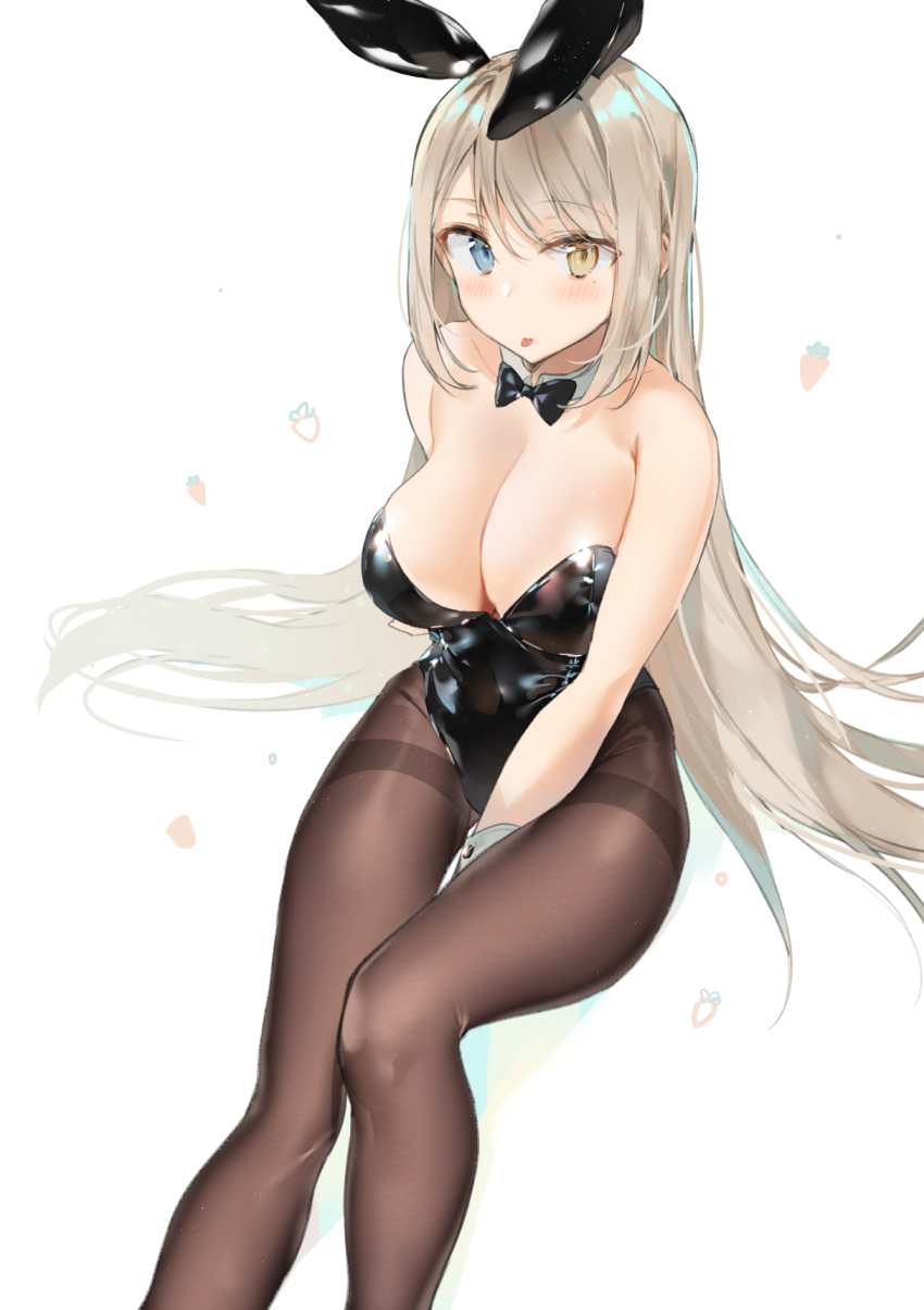 1girl :p animal_ears bare_shoulders between_legs black_neckwear blonde_hair blue_eyes blush bow bowtie breasts brown_legwear bunny_girl bunnysuit cleavage detached_collar eyebrows_visible_through_hair hand_between_legs heterochromia highres large_breasts leotard light_brown_hair long_hair looking_at_viewer original pantyhose rabbit_ears sabet_(young_ouo) sidelocks simple_background sitting solo thighband_pantyhose tongue tongue_out very_long_hair white_background wrist_cuffs yellow_eyes