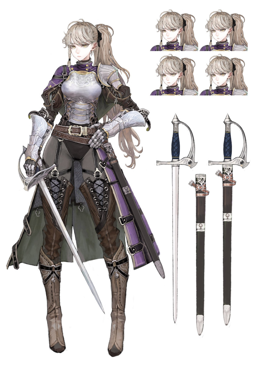 1girl armor belt belt_buckle blonde_hair boots braid buckle character_sheet full_body hair_ribbon hand_on_hip highres holding holding_weapon jun_(seojh1029) long_hair original pauldrons ponytail ribbon scabbard sheath simple_background sword vambraces weapon white_background yellow_eyes