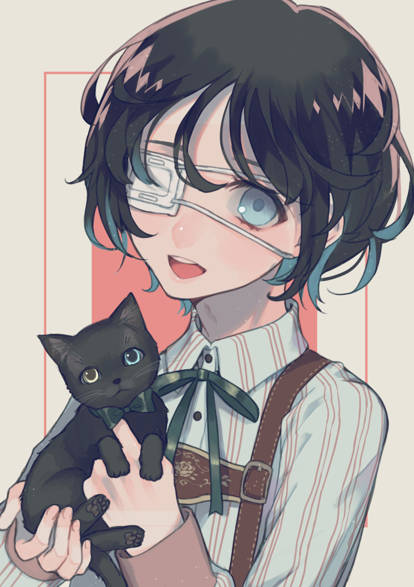 1boy :d bangs black_cat black_hair blue_eyes blue_shirt bow bowtie buttons cat collared_shirt eyepatch green_bow green_neckwear green_ribbon hair_between_eyes hands_up highlights highres holding holding_cat kirudai looking_at_viewer male_focus multicolored_hair neck_ribbon open_mouth original ribbon round_teeth shirt short_hair smile solo striped striped_shirt teeth vertical-striped_shirt vertical_stripes white_eyepatch wing_collar