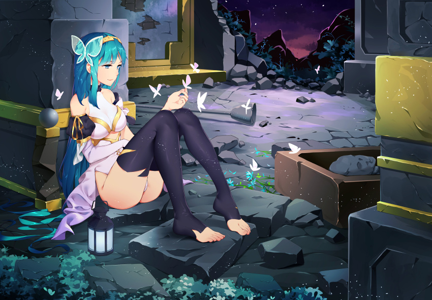 1girl absurdres aqua_hair barefoot blue_eyes breasts bug butterfly butterfly_hair_ornament butterfly_on_hand collared_dress debris elbow_gloves eyebrows_visible_through_hair floating gloves hair_ornament hidor highleg highleg_leotard highres insect knees_together_feet_apart lamp large_breasts leaning_on_object leotard long_hair original ribbon-trimmed_sleeves ribbon_trim sitting sitting_on_floor smile thighs very_long_hair