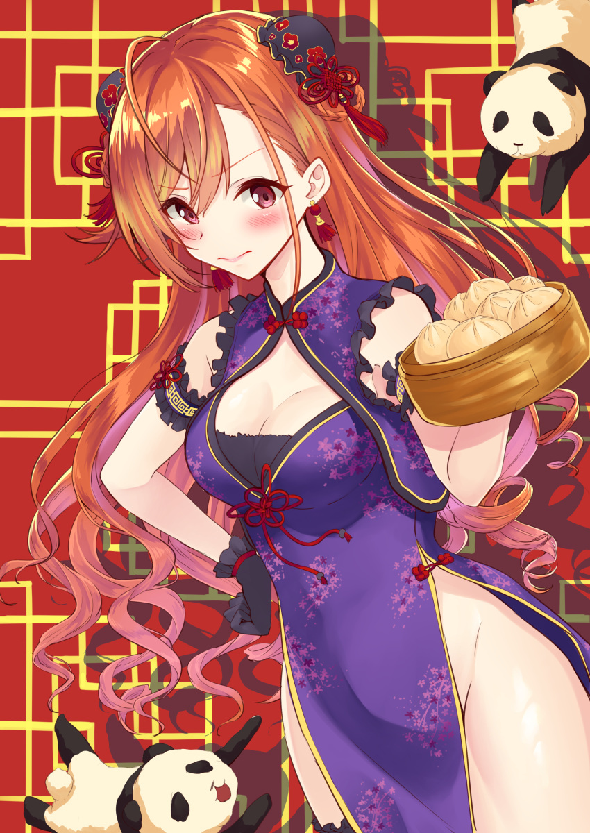 1girl absurdres ahoge arisugawa_natsuha armband bamboo_steamer baozi black_gloves blush braid breasts brown_hair bun_cover china_dress chinese_clothes cleavage double_bun dress earrings floral_print flustered food gloves hand_on_hip highres idolmaster idolmaster_shiny_colors jewelry long_hair looking_at_viewer medium_breasts megurumiru panda purple_dress red_background red_earrings shadow solo standing very_long_hair
