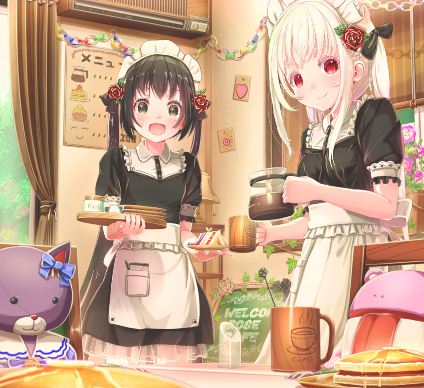 2girls :d abo_(kawatasyunnnosukesabu) air_conditioner apron bangs black_bow black_dress black_eyes black_hair bow coffee coffee_pot collared_dress commentary_request cup curtains dress flower food frilled_skirt frills hair_bow hair_flower hair_ornament highres holding holding_cup holding_plate indoors long_hair looking_at_viewer maid maid_dress maid_headdress menu_board multiple_girls open_mouth original pancake paper_chain pink_flower plant plate potted_plant red_eyes red_flower red_rose rose sandwich saucer short_sleeves siblings sidelocks sisters skirt smile stuffed_animal stuffed_toy tray twintails vines white_apron white_hair window