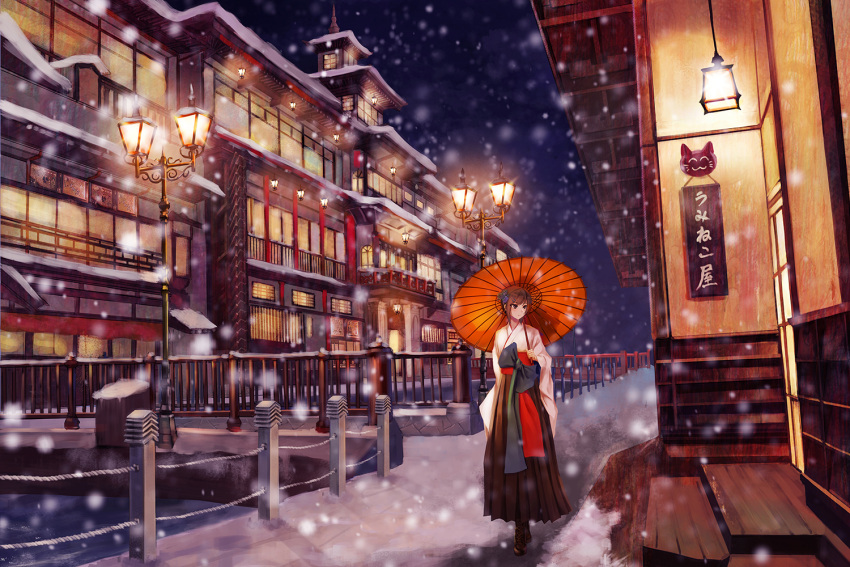 1girl architecture balcony bridge brown_hair east_asian_architecture flower hair_flower hair_ornament japanese_clothes kimono lamppost lantern medium_hair night night_sky original outdoors railing scenery sky snow snowing standing umbrella wide_sleeves yuzuriha