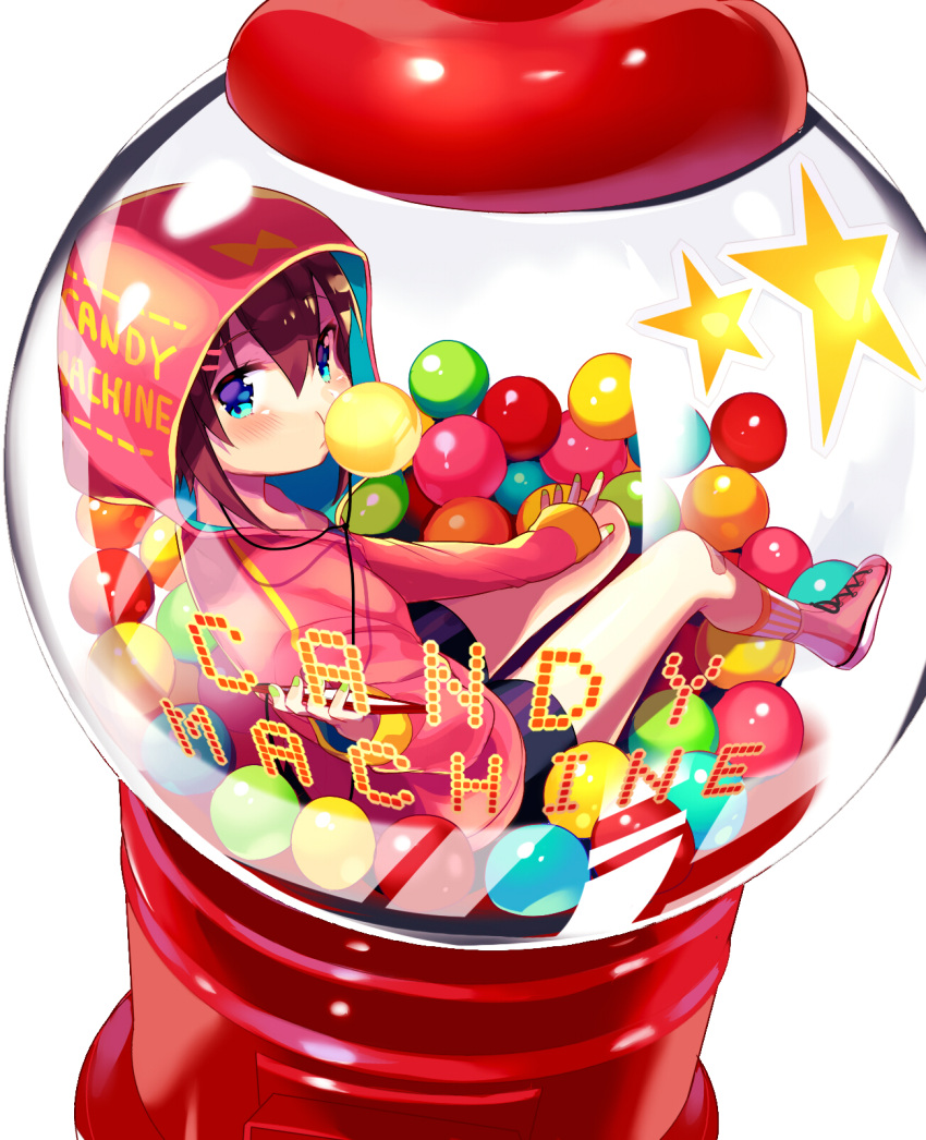 1girl bangs bike_shorts blue_eyes blush brown_hair bubble_blowing candy chewing_gum commentary_request english eyebrows_visible_through_hair food gumball gumball_machine hair_between_eyes highres hood hood_up hooded_jacket ikari_(aor3507) in_container jacket looking_at_viewer looking_back minigirl original pink_footwear pink_jacket purple_shorts shoes short_shorts shorts socks solo star striped striped_legwear vertical-striped_legwear vertical_stripes white_background