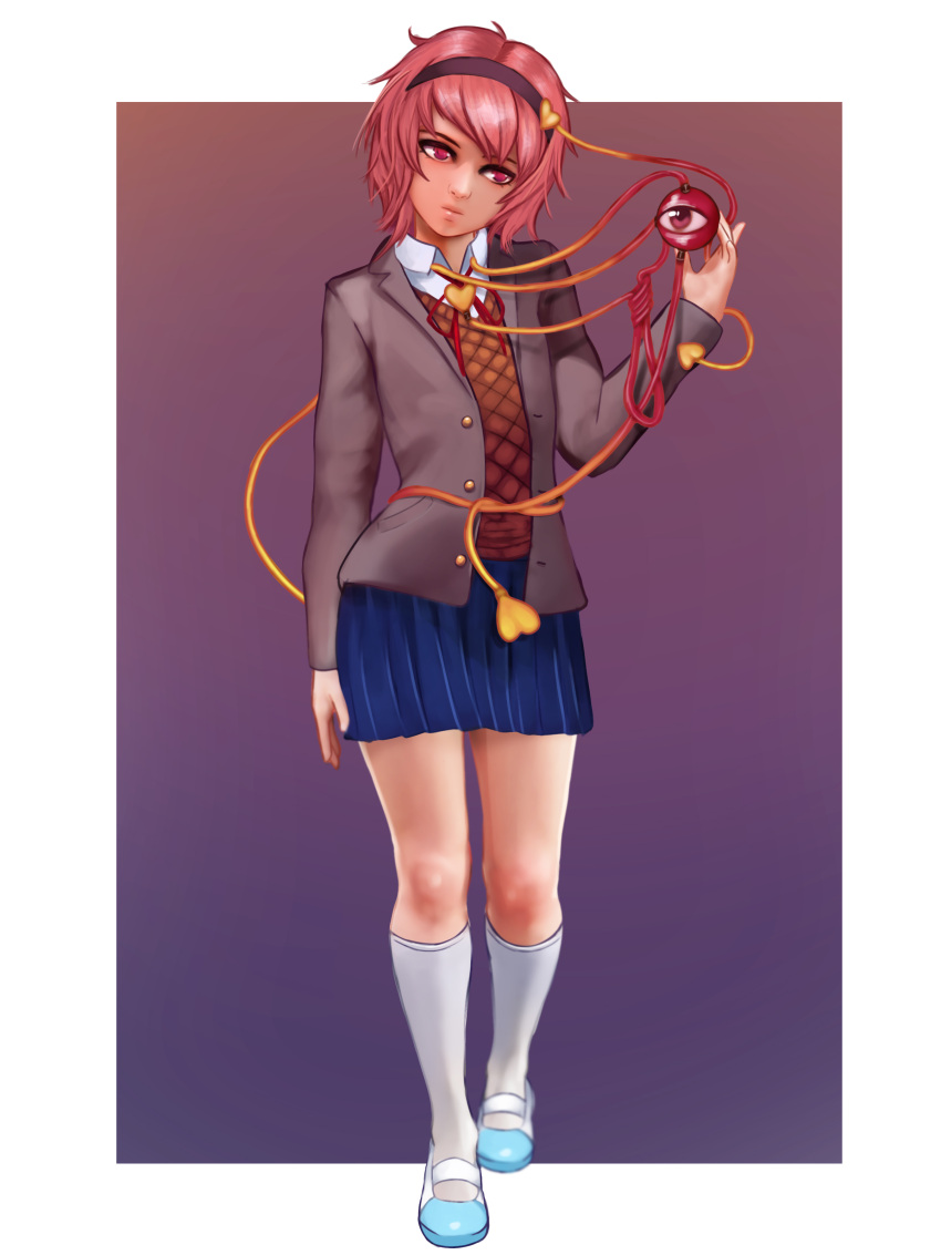 absurdres aethos blue_skirt buttons cosplay doki_doki_literature_club gradient gradient_background headband heart highres komeiji_satori pink_eyes pink_hair sayori_(doki_doki_literature_club) sayori_(doki_doki_literature_club)_(cosplay) school_uniform shoes simple_background skirt socks tagme third_eye touhou white_background