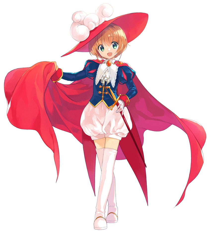 1girl :d akr_et boots brown_hair card_captor_sakura cloak full_body gloves green_eyes hat hat_feather head_tilt highres holding holding_sheath kinomoto_sakura long_sleeves looking_at_viewer open_mouth puffy_shorts red_cloak red_hat sheath sheathed short_hair short_shorts shorts simple_background smile solo sword thigh-highs thigh_boots weapon white_background white_feathers white_footwear white_gloves white_neckwear white_shorts zettai_ryouiki