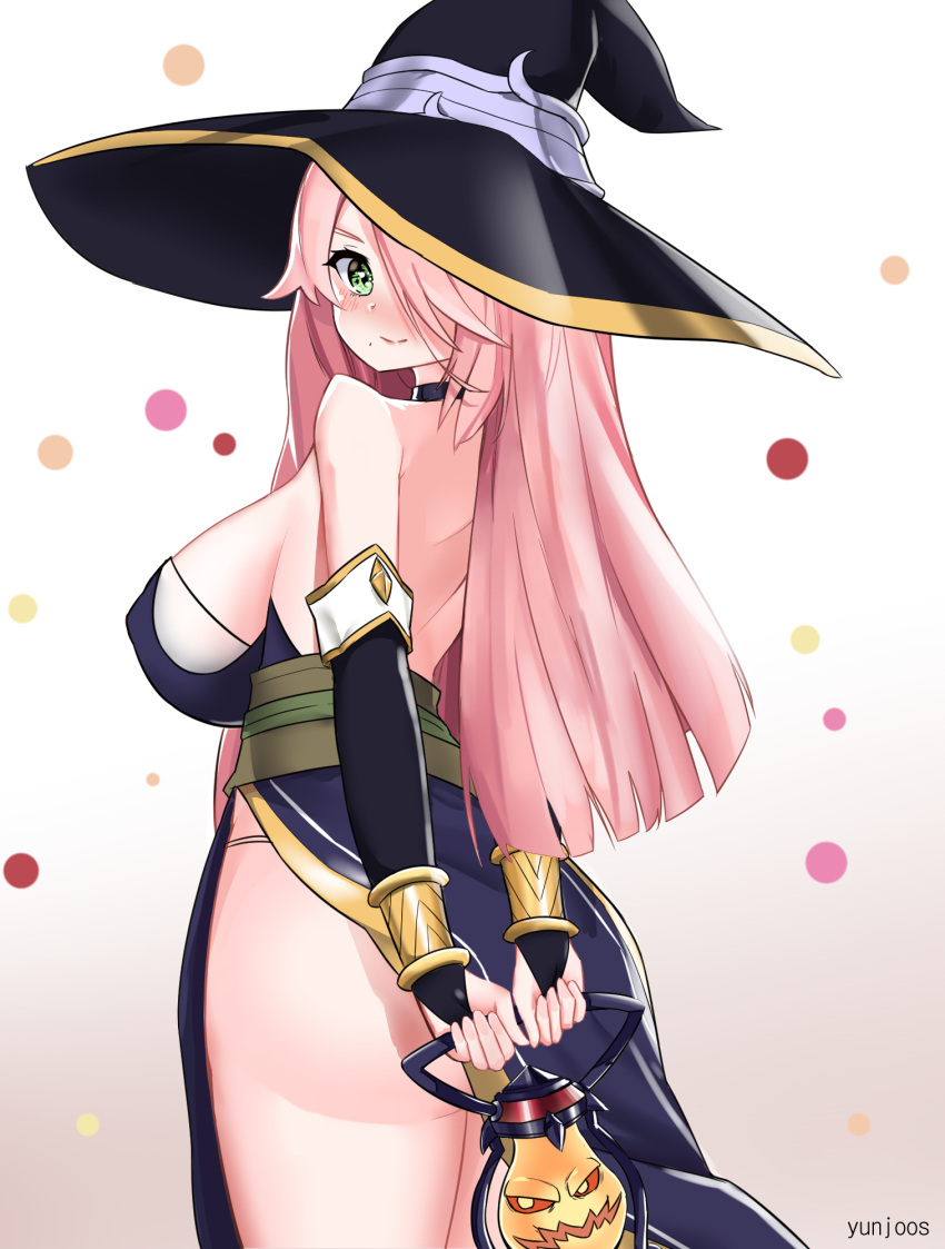 1girl artist_name ass bare_shoulders black_choker black_hair blush breasts choker epic7 green_eyes hair_over_one_eye hat highres lantern large_breasts long_hair looking_back one_eye_covered pink_hair simple_background smile solo standing very_long_hair witch_hat yunjoos