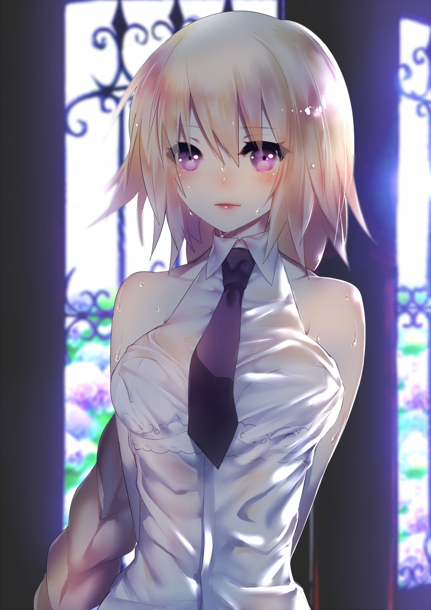1girl arms_behind_back backlighting black_neckwear blonde_hair blush bra braid braided_ponytail dress dress_shirt eyebrows_visible_through_hair fate/apocrypha fate_(series) floating_hair hair_between_eyes highres indoors jeanne_d'arc_(fate) jeanne_d'arc_(fate)_(all) long_hair looking_at_viewer necktie parted_lips rahato see-through shirt single_braid sleeveless sleeveless_shirt solo underwear upper_body very_long_hair violet_eyes wet wet_clothes wet_dress wet_hair white_bra white_dress