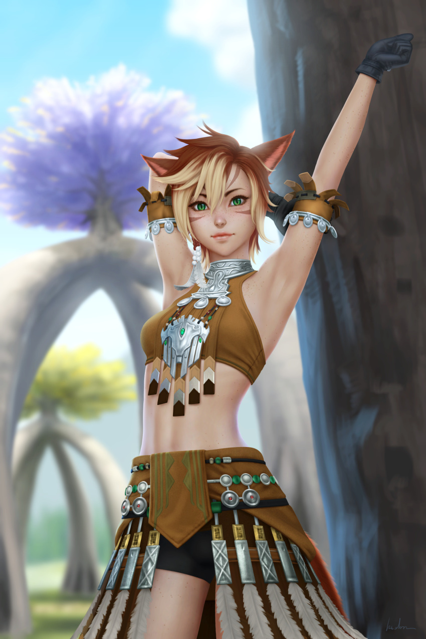 1girl animal_ears armpits arms_up bike_shorts black_gloves blurry blurry_background breasts brown_hair cat_ears cat_tail commission cowboy_shot facial_mark final_fantasy final_fantasy_xiv gloves gohpot green_eyes halter_top halterneck highres legs_apart lips looking_at_viewer midriff miqo'te multicolored_hair outdoors short_hair skirt slit_pupils small_breasts smile solo standing tail tree two-tone_hair whisker_markings