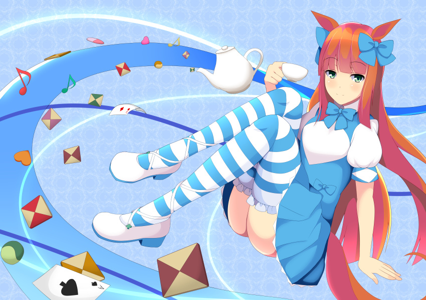 1girl absurdres ace_of_spades animal_ears arm_support bangs blue_background blue_bow blue_dress blue_legwear blue_skirt blunt_bangs bow card checkerboard_cookie cookie cup dress eighth_note food full_body green_eyes hair_bow highres horse_ears horse_tail knees_up looking_at_viewer musical_note playing_card shoes short_sleeves silence_suzuka sitting skirt smile solo striped striped_legwear tail teacup teapot uechirou umamusume white_footwear