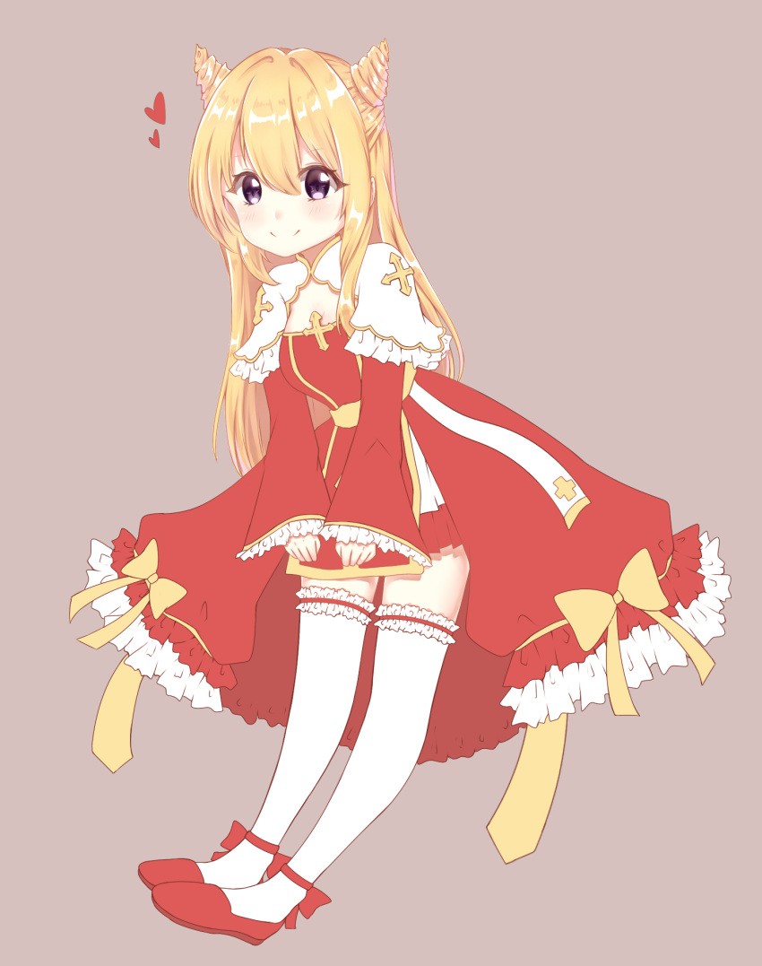 1girl bangs black_bow black_footwear blonde_hair blush bow brown_background closed_mouth dress eyebrows_visible_through_hair frilled_legwear frilled_sleeves frills hair_between_eyes heart high_priest highres light_(luxiao_deng) long_hair long_sleeves looking_at_viewer ragnarok_online red_dress shoes short_over_long_sleeves short_sleeves simple_background sleeves_past_wrists smile solo thigh-highs very_long_hair violet_eyes white_legwear wide_sleeves yellow_bow