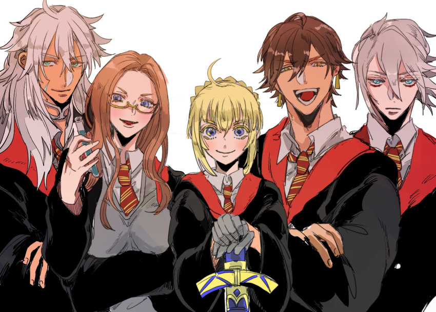 2girls 3boys ahoge artoria_pendragon_(all) blonde_hair blue_eyes blush braid breasts brown_hair closed_mouth collared_shirt dark_skin earrings excalibur facial_mark fate/grand_order fate_(series) french_braid glasses green_eyes harry_potter highres hogwarts_school_uniform holding holding_sword holding_weapon jewelry karna_(fate) large_breasts leonardo_da_vinci_(fate/grand_order) looking_at_viewer matching_outfit matimatio multiple_boys multiple_girls necktie open_mouth ozymandias_(fate) robe saber shirt siegfried_(fate) simple_background smile sword weapon white_background white_hair yellow_eyes