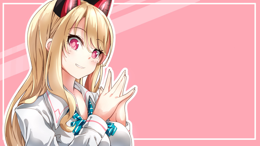 .live 1girl absurdres animal_ears bangs blonde_hair blue_neckwear blush bow bowtie breasts cat_ears collared_shirt darjeeling_(reley) diagonal-striped_neckwear diagonal_stripes eyebrows_visible_through_hair fake_animal_ears fingernails hair_between_eyes hands_up head_tilt highres large_breasts long_hair multicolored_hair nekonoki_mochi own_hands_together parted_lips red_eyes redhead shirt solo streaked_hair striped striped_neckwear upper_body very_long_hair virtual_youtuber white_shirt