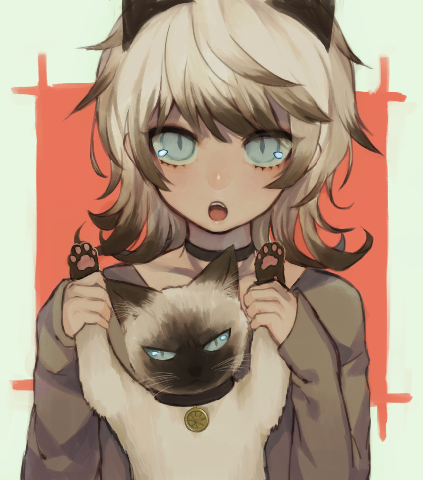 1girl :o animal_ears arms_up black_choker blue_eyes cat cat_ears chestnut_mouth choker grey_shirt highres holding holding_cat jewelry kirudai long_sleeves looking_at_viewer matching open_mouth original pendant shirt slit_pupils solo white_hair