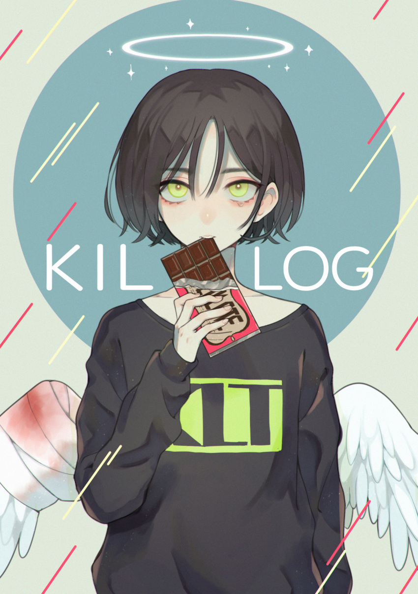 1boy arm_at_side arm_up bangs black_shirt blood bloody_wings chocolate_bar commentary english_commentary feathered_wings green_eyes halo highres kirudai long_bangs long_sleeves looking_at_viewer male_focus original shirt short_hair solo spread_wings white_wings wings