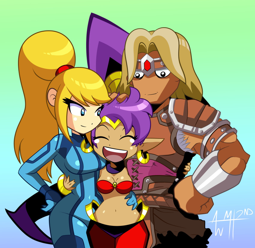 1boy 2girls absurdres arabian_clothes arm_around_waist blonde_hair breasts castlevania circlet closed_eyes crossover hand_on_another's_head hand_on_hip highres looking_at_another metroid mike_harvey multiple_crossover multiple_girls navel nintendo open_mouth ponytail purple_hair samus_aran shantae_(character) shantae_(series) simon_belmondo smile stomach super_smash_bros. super_smash_bros._ultimate tan zero_suit