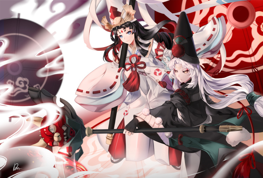 2boys bangs black_hair black_sclera closed_mouth dow eyeliner fingerless_gloves gloves hair_ornament hair_ribbon hat highres holding holding_scythe holding_weapon japanese_clothes kurodouji light_blue_eyes long_hair long_sleeves looking_at_viewer makeup multicolored_hair multiple_boys onmyoji otoko_no_ko redhead ribbon scythe shirodouji short_eyebrows simple_background smile tassel tate_eboshi tress_ribbon very_long_hair weapon white_hair wide_sleeves yellow_eyes youkai