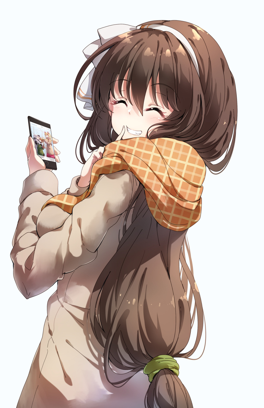 .live 1girl ^_^ absurdres bangs blush bow breasts brown_jacket brown_scarf cellphone closed_eyes closed_eyes darjeeling_(reley) eyebrows_visible_through_hair facing_viewer fingernails grin hair_between_eyes hair_bow hairband highres holding holding_cellphone holding_phone index_finger_raised jacket kakyouin_chieri large_breasts long_hair long_sleeves low-tied_long_hair nekonoki_mochi phone scarf simple_background smile solo unmoving_pattern very_long_hair virtual_youtuber white_background white_bow white_hairband yaezawa_natori yozakura_tama