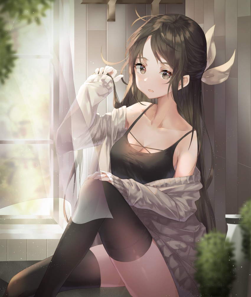 1girl black_hair black_legwear black_shirt bow breasts brown_eyes cardigan cleavage collarbone curtains grey_cardigan hair_bow hand_on_own_knee highres holding holding_hair indoors kinty long_hair looking_at_viewer medium_breasts off_shoulder open_cardigan open_clothes open_mouth original shiny shiny_clothes shiny_skin shirt sitting sleeveless sleeveless_shirt solo thigh-highs transparent very_long_hair white_bow