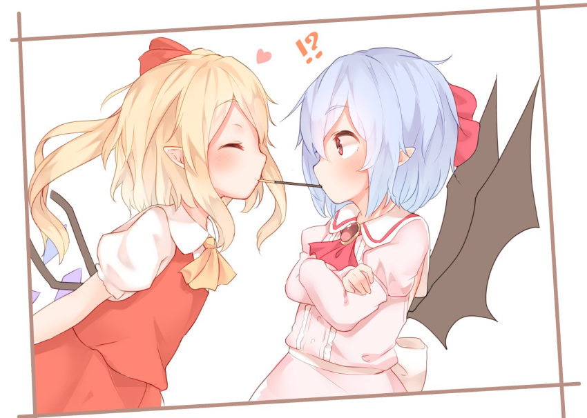 !? 2girls ascot bat_wings black_wings blonde_hair blue_hair brooch closed_eyes crossed_arms crystal flandre_scarlet food from_side heart jewelry long_sleeves multiple_girls pink_shirt pocky pocky_kiss pointy_ears puffy_sleeves red_eyes red_neckwear red_skirt red_vest remilia_scarlet sakurea shared_food shirt siblings sisters skirt skirt_set touhou upper_body vest white_shirt wings yellow_neckwear