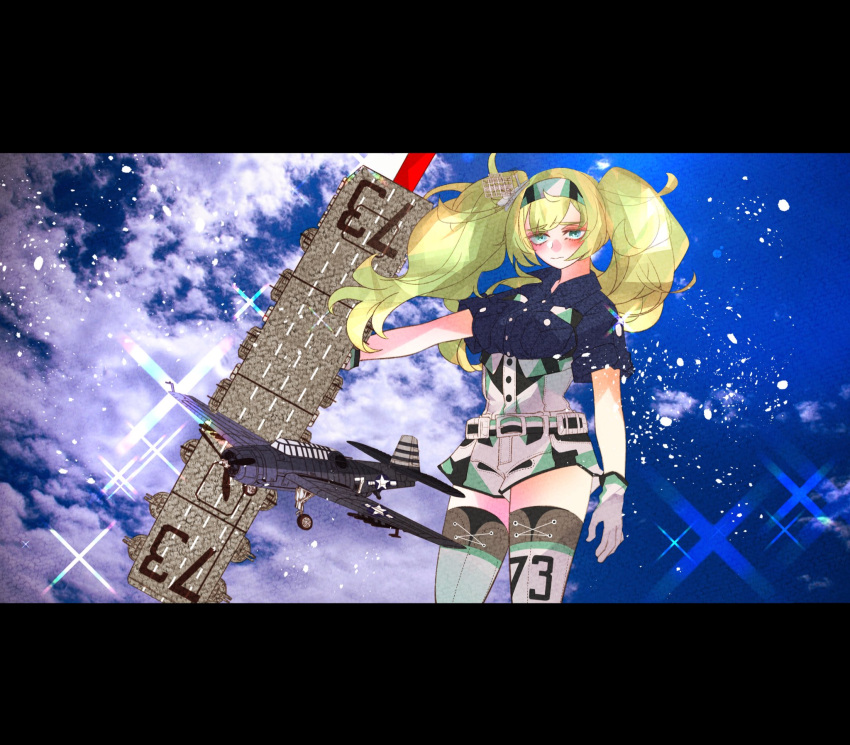1girl aircraft anno88888 belt blonde_hair blue_eyes blue_shirt breast_pocket breasts clouds cloudy_sky collared_shirt commentary_request cowboy_shot flight_deck gambier_bay_(kantai_collection) gloves hair_between_eyes hairband highres kantai_collection large_breasts multicolored multicolored_clothes multicolored_gloves outdoors pocket shirt shorts sky solo thigh-highs twintails white_legwear