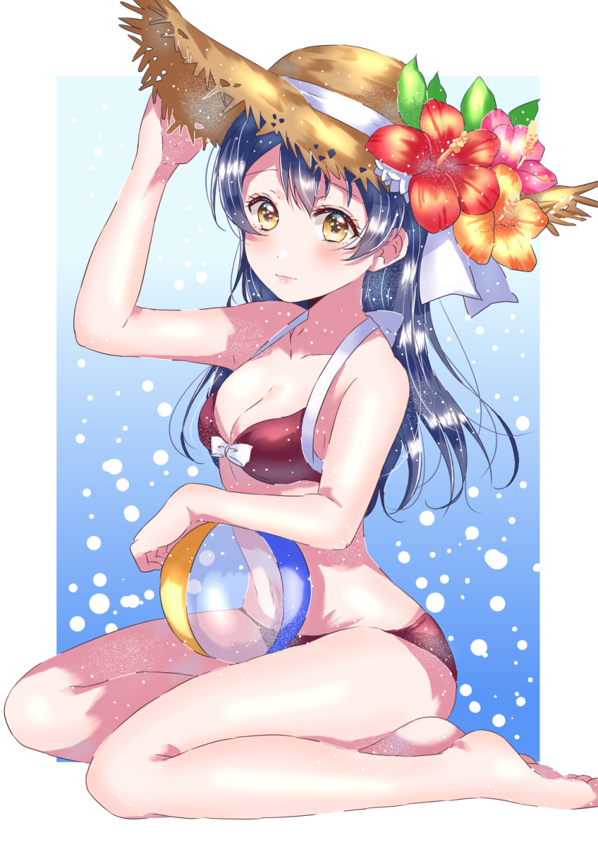 1girl adjusting_clothes adjusting_hat ball bangs barefoot beachball bikini blue_background blue_hair blush bow breasts cleavage flower front-tie_top halterneck hat hat_flower hat_ribbon highres kaisou_(0731waka) long_hair looking_at_viewer love_live! love_live!_school_idol_project medium_breasts navel orange_flower pink_flower red_bikini red_flower ribbon sitting solo sonoda_umi straw_hat swimsuit white_bow white_ribbon yellow_eyes